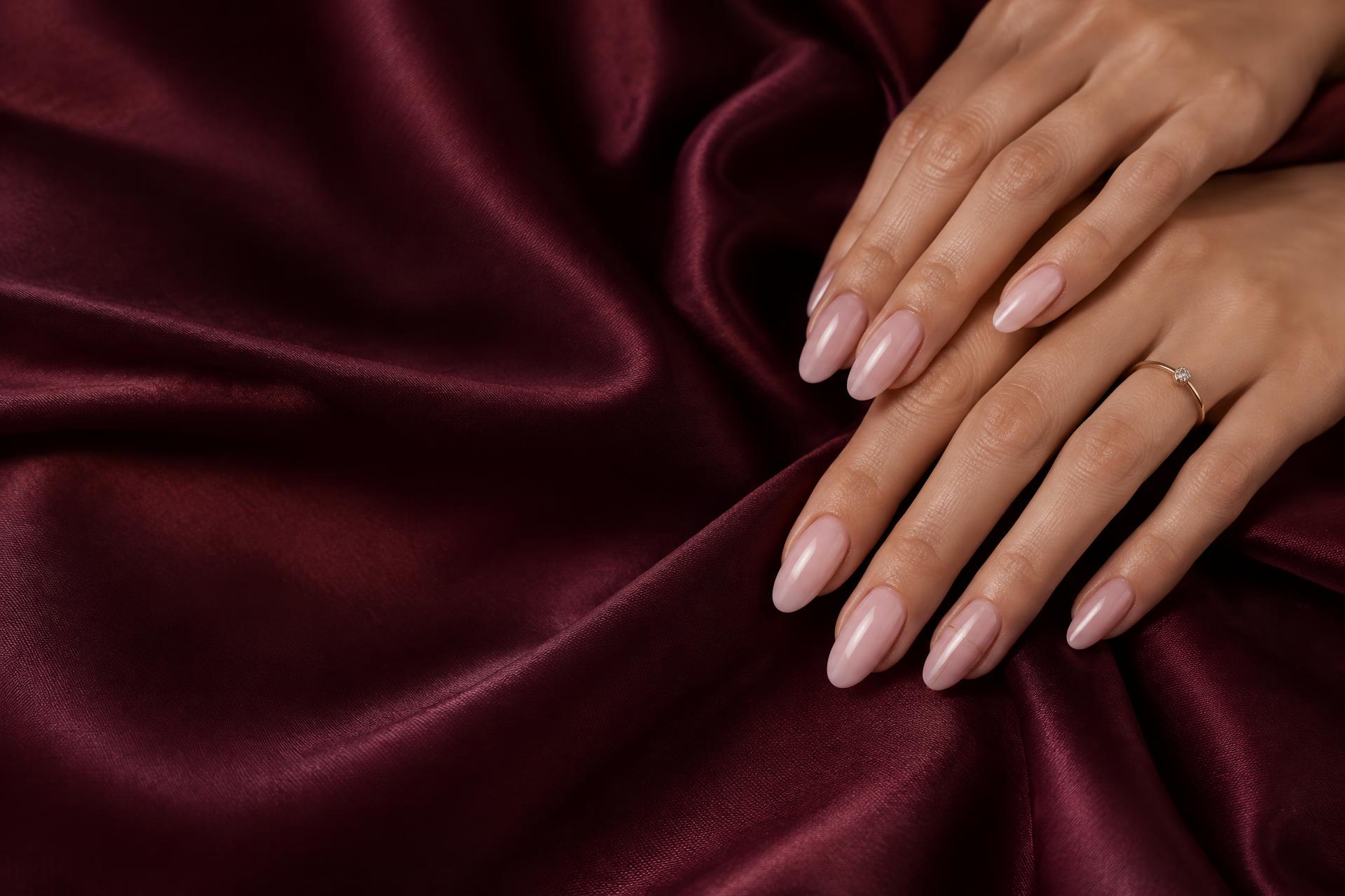 Mãos com unhas nude amendoadas e um anel delicado sobre cetim vinho